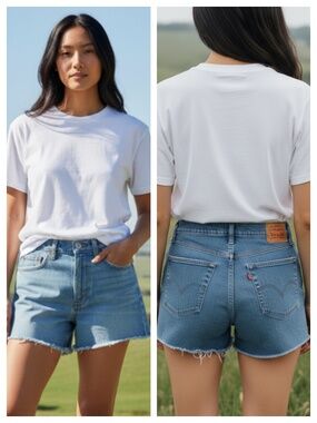 Levis Jean Denim Shorts Sz 30 US 10 Distress Frayed Light Wash High Rise Cut Off